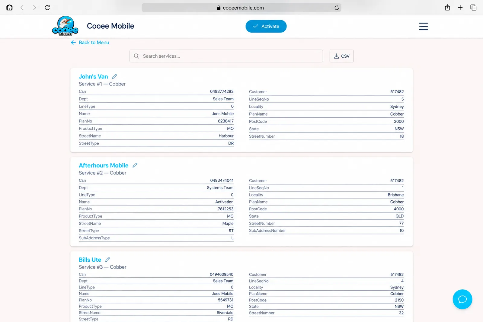 Business dashboard with each mobile service named for the staff member or vehicle it belongs to